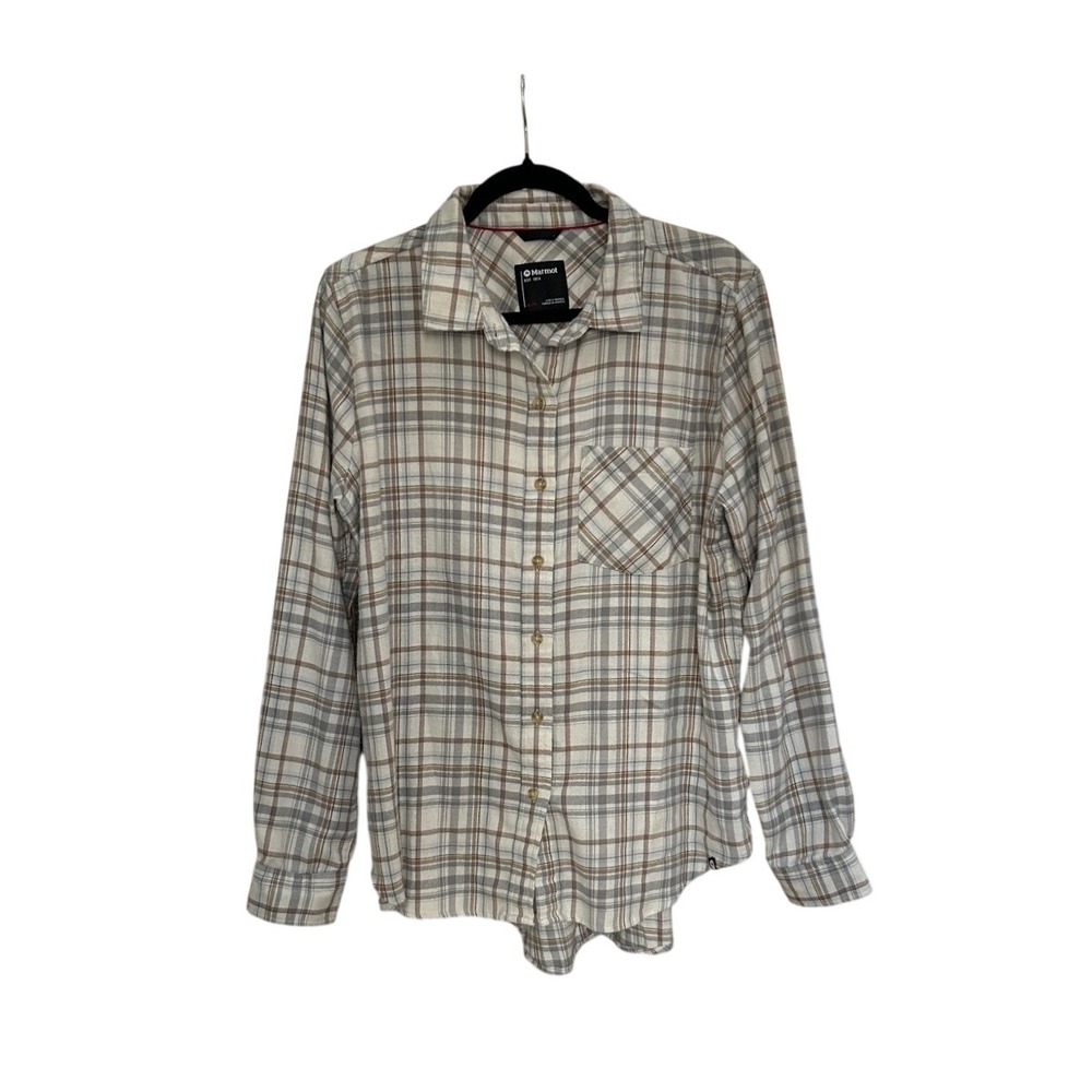 Marmot Mens XL Plaid Button Up Shirt Cream Brown Long Sleeve Super Soft Outdoor